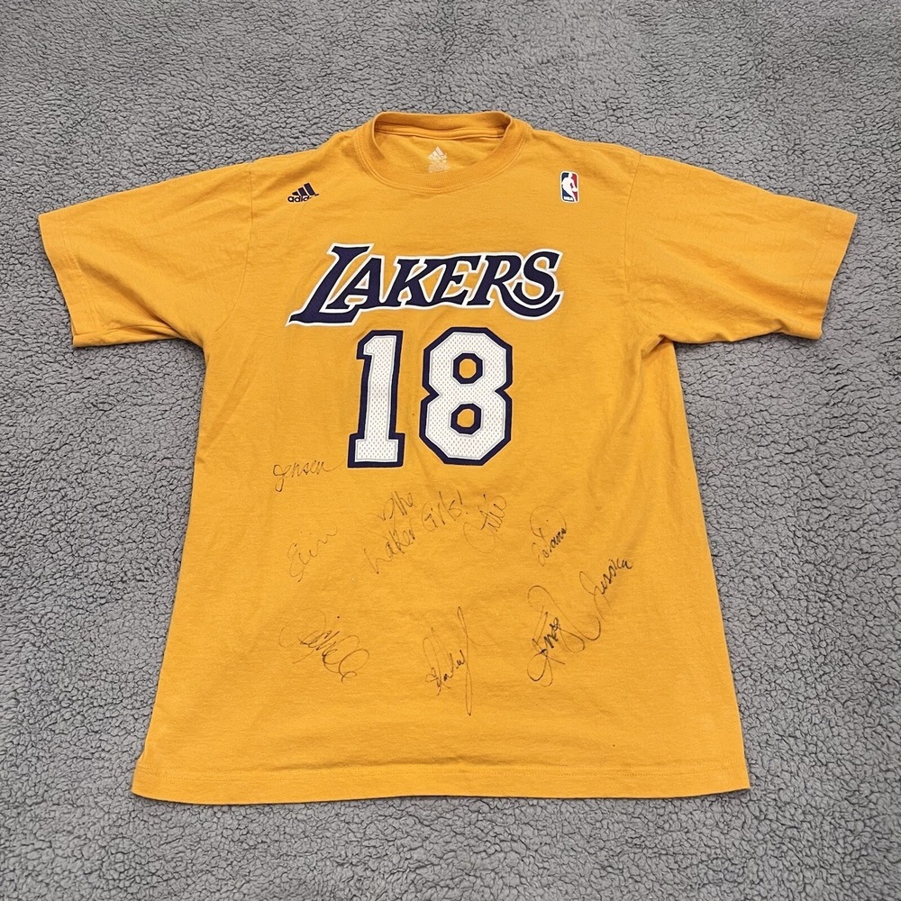 Adidas‎ Lakers Shirt Mens Small Yellow NBA Logo Graphic Tee Short Sleeve Crew